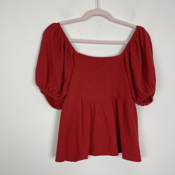 Madewell Woman’s Red Puff Sleeve Peplum Textured Top Size XS - Picture 3 of 7